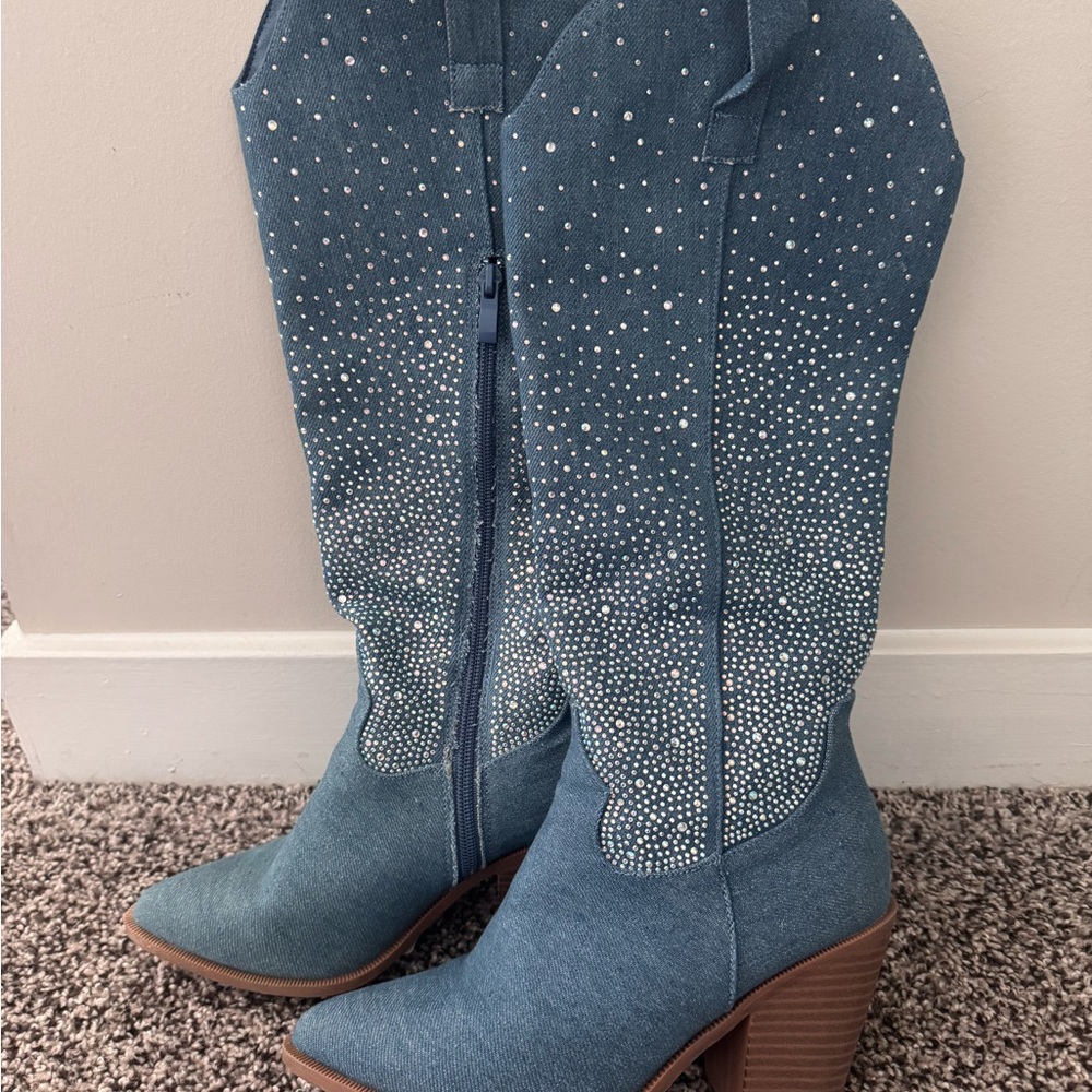 Blue Rhinestone Heeled Boots